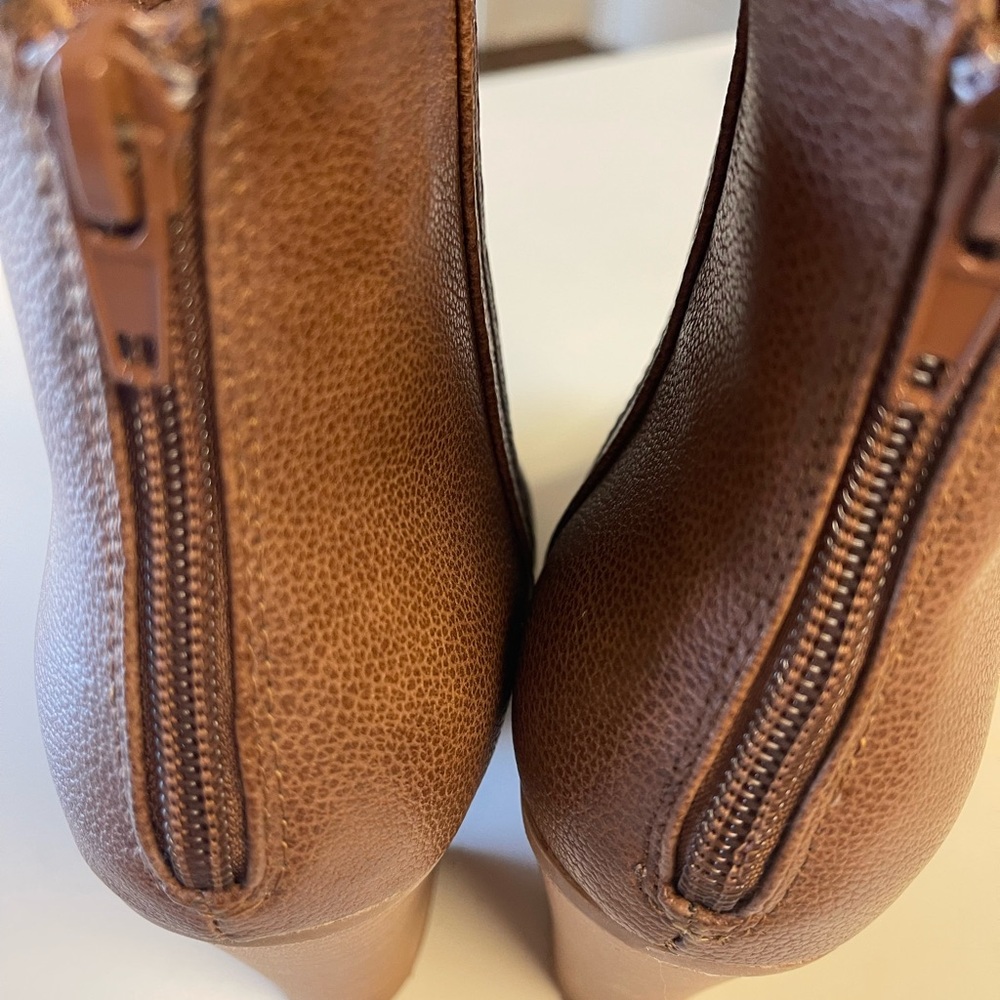 Brown faux leather booties with stacked 2 1/2”” heel. Size 7 1/2. - Picture 6 of 8
